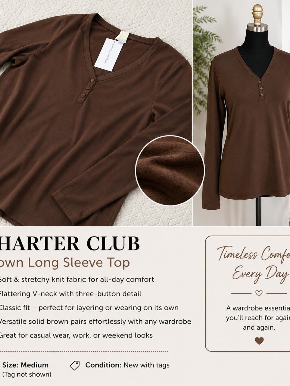 Charter Club Brown V-Neck Long Sleeve Henley Top